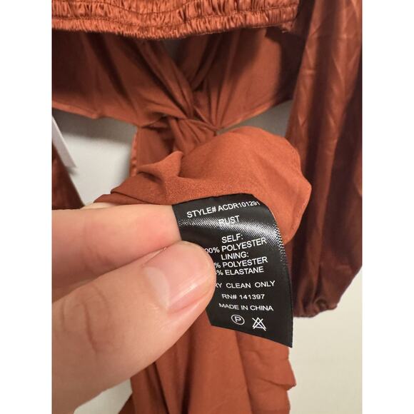 ASTR The Label Anamaria Rust Balloon Sleeve Cutout Satin Mini Dress MSRP: $148 - Picture 6 of 7